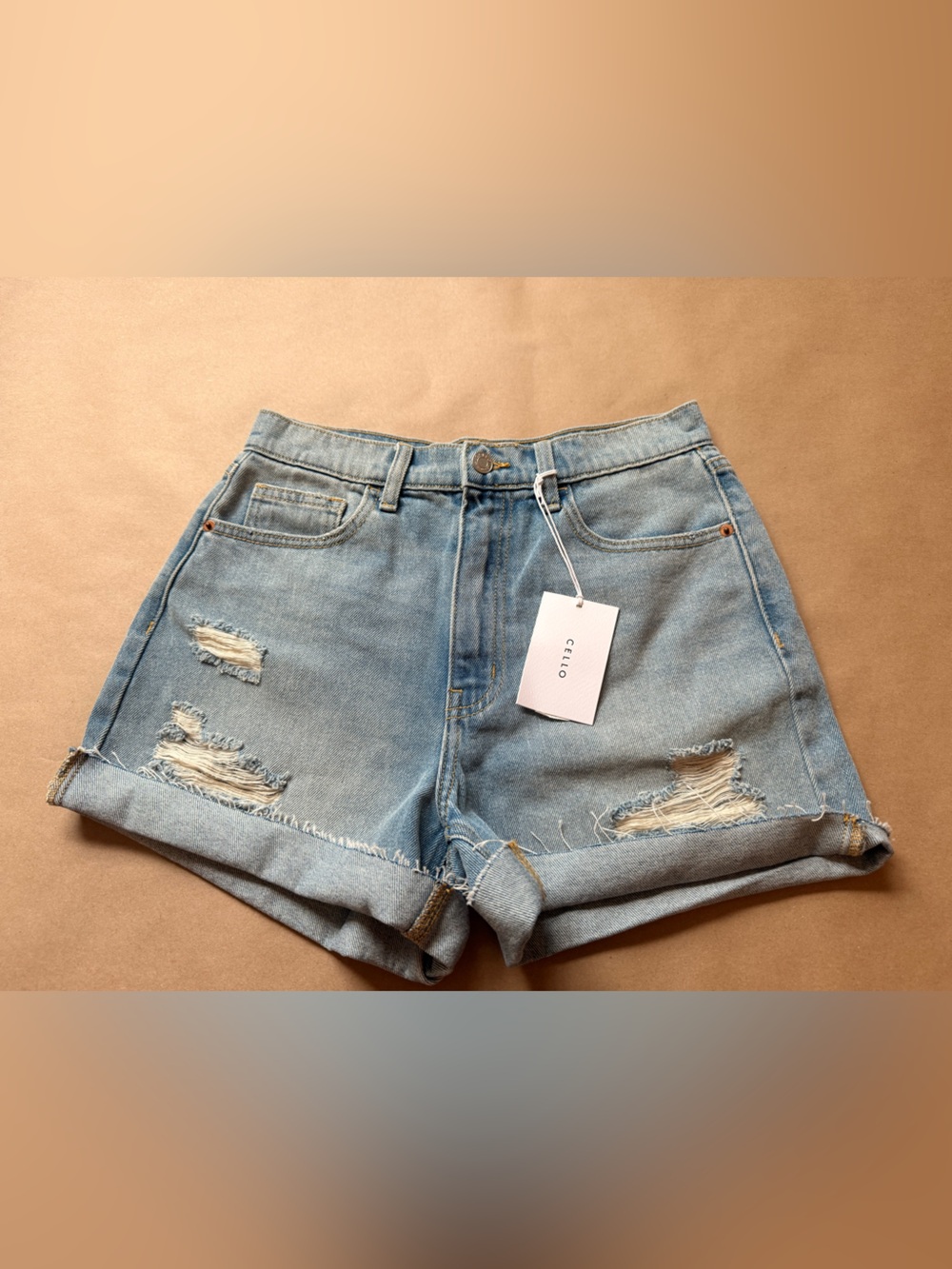 CELLO Washed Light Blue Distressed Denim Roll-Hem Shorts, BRAND NEW